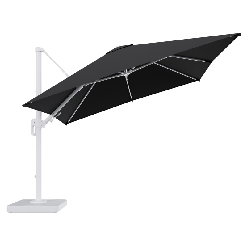Rufina zweefparasol tiltfunctie in wit aluminium en parasoldoek in All Weather Sunbrella® Luxe Natte Sooty - L1 300 x L2 300 cm met parasolvoet Lapido 160 kg