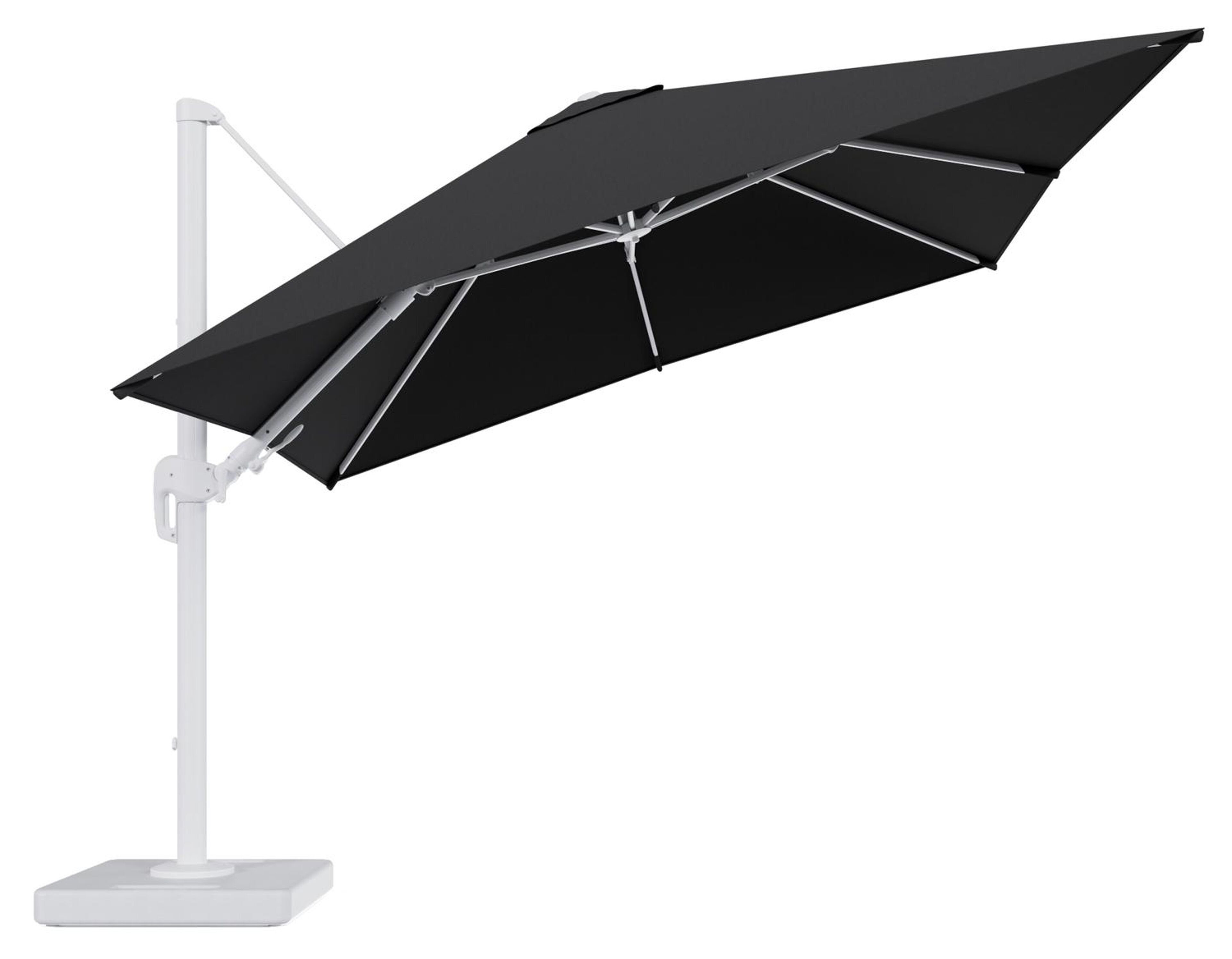 Rufina zweefparasol tiltfunctie in wit aluminium en parasoldoek in All Weather Sunbrella® Luxe Natte Sooty - L1 300 x L2 300 cm met parasolvoet Lapido 160 kg