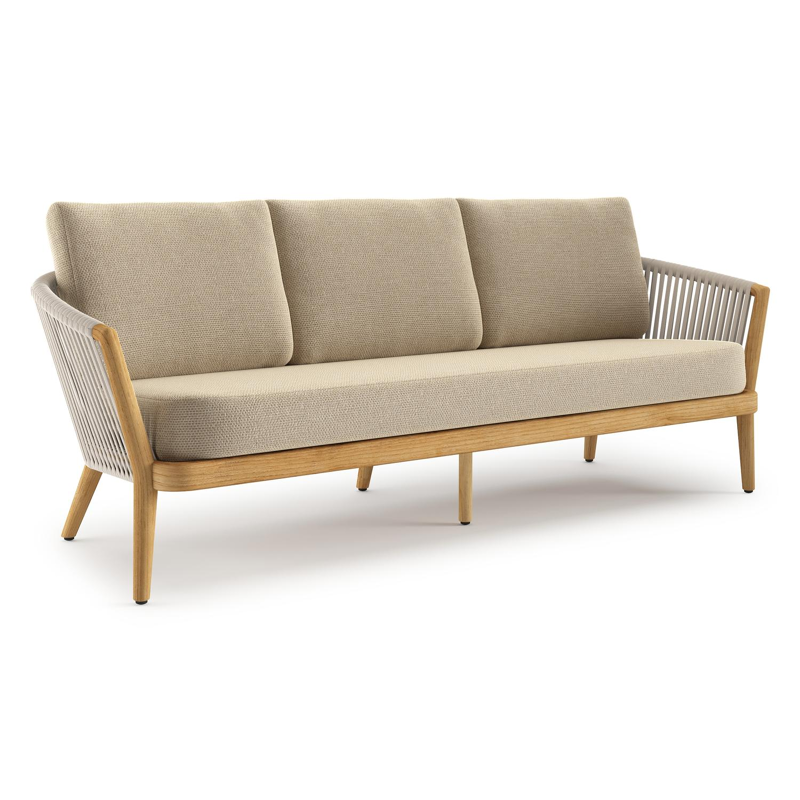 Orso loungebank in teak en beige verticaal geweven luxe vlakke rope met Althea Camel all weather cosytica kussen