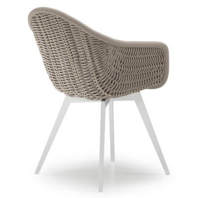 Chaise de jardin Pagino en aluminium blanc et corde ronde tissée verticalement beige avec coussin en All Weather Sunbrella® Luxe Chartres Pewter