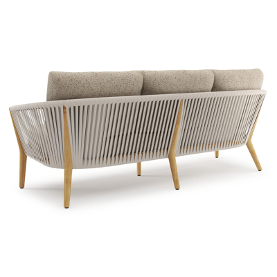 Orso loungebank in teak en beige verticaal geweven luxe vlakke rope met Bora Jungle all weather cosytica kussen