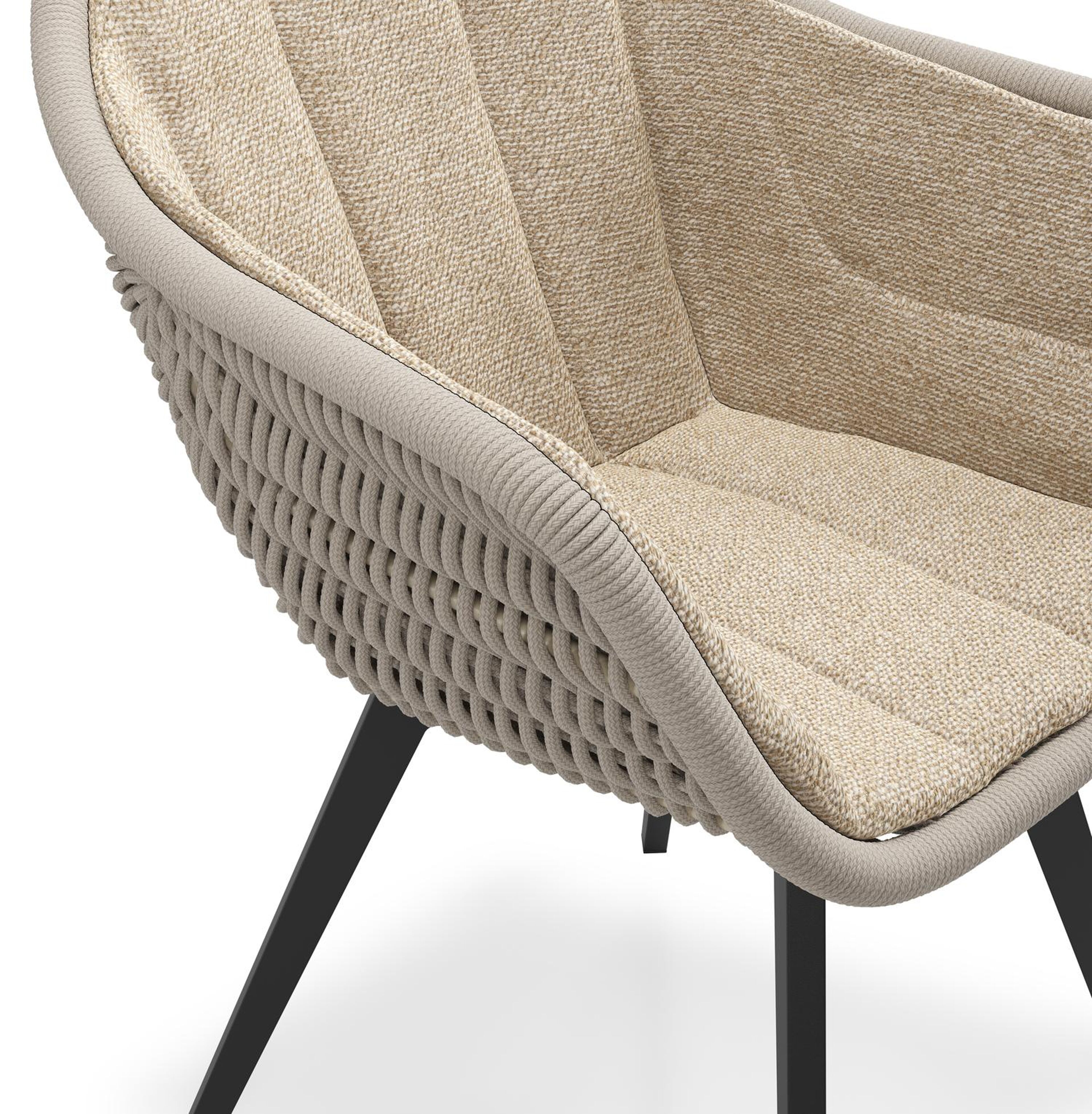 Pagino tuinstoel in zwart aluminium en beige verticaal geweven ronde rope met zitkussen in All Weather Cosytica Madagascar Oak