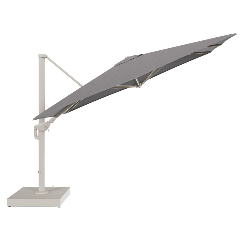 Minore zweefparasol met tiltfunctie in beige aluminium en Chartres Drizzle All Weather Sunbrella® Luxe parasoldoek - L1: 280 x L2: 370 cm met parasolvoet Minore 260 kg met wielen