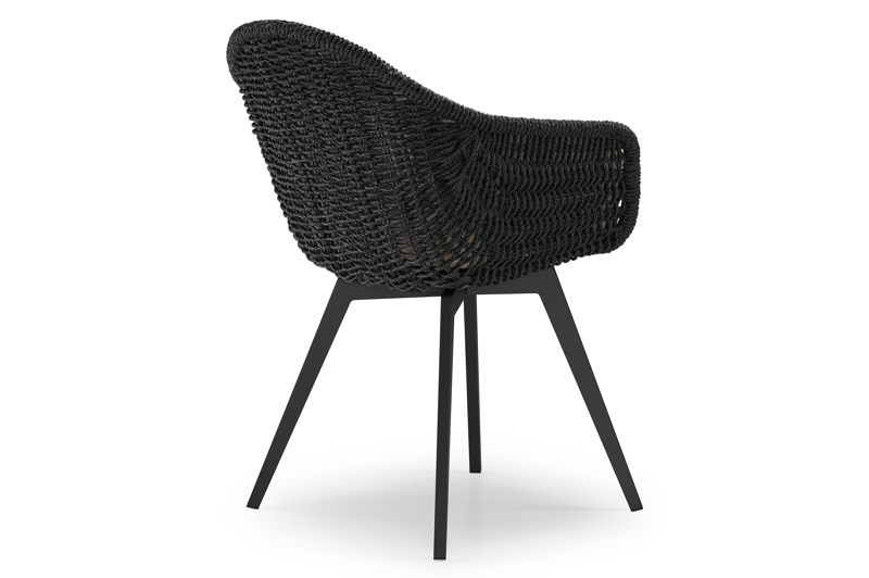 Pagino tuinstoel in zwart aluminium en zwart wicker met kussen in savane coconut all weather sunbrella® luxe