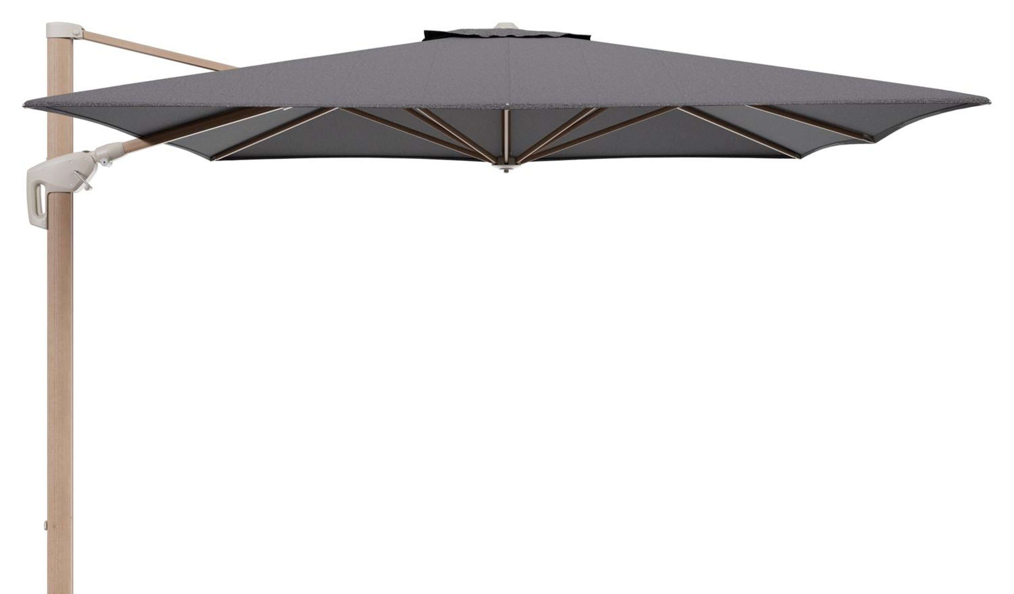 Parasol pendant Minore avec fonction tilt en aluminium aspect de bois et toile de parasol All Weather Solica Firenze Tunder - Lg.1 350 x Lg.2 350 cm (sans pied de parasol
