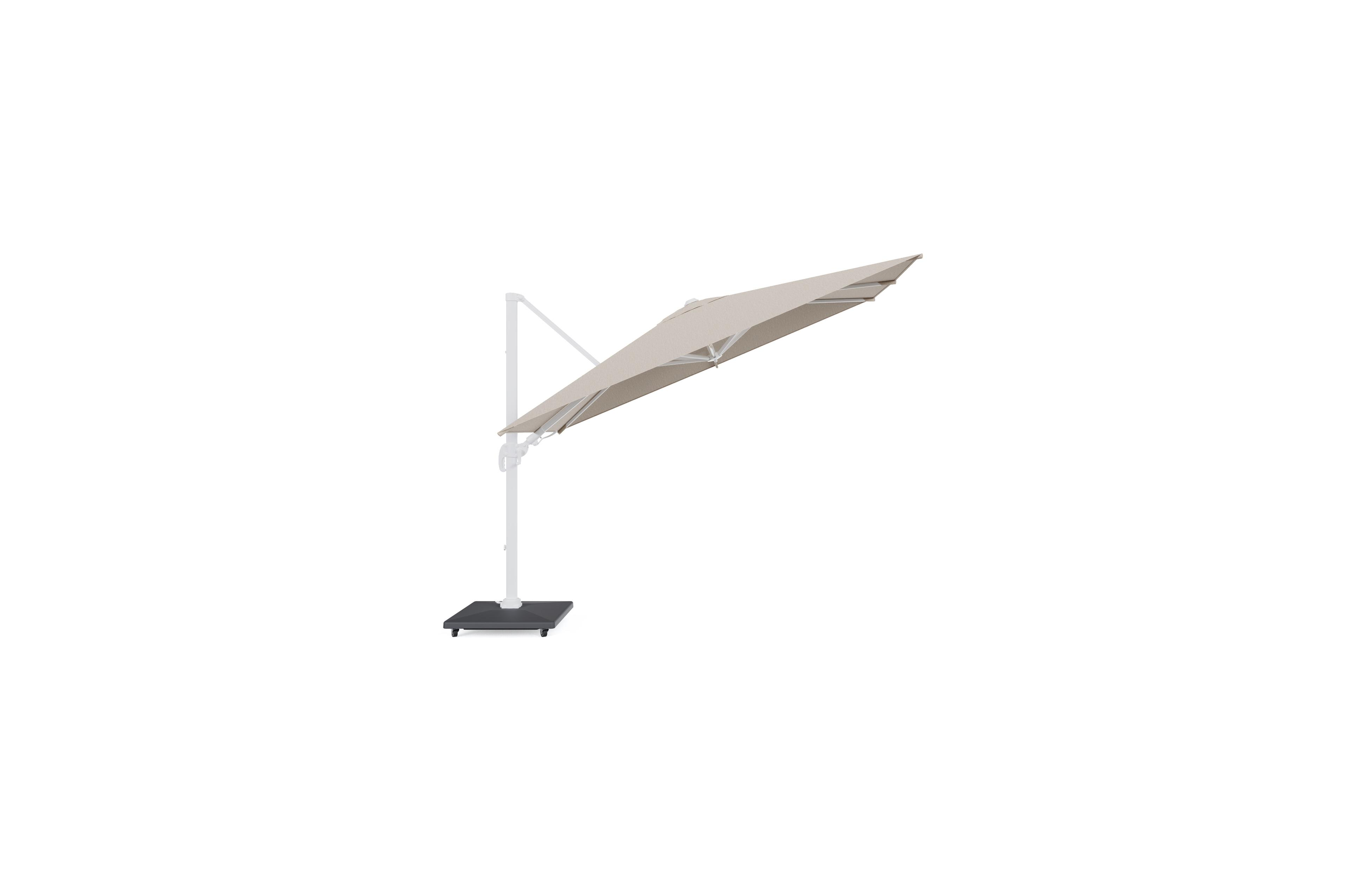 Avola zweefparasol met tiltfunctie in wit aluminium en natural Weather+ Softtouch parasoldoek - L1 200 x L2 300 cm met parasolvoet Avola 90 kg