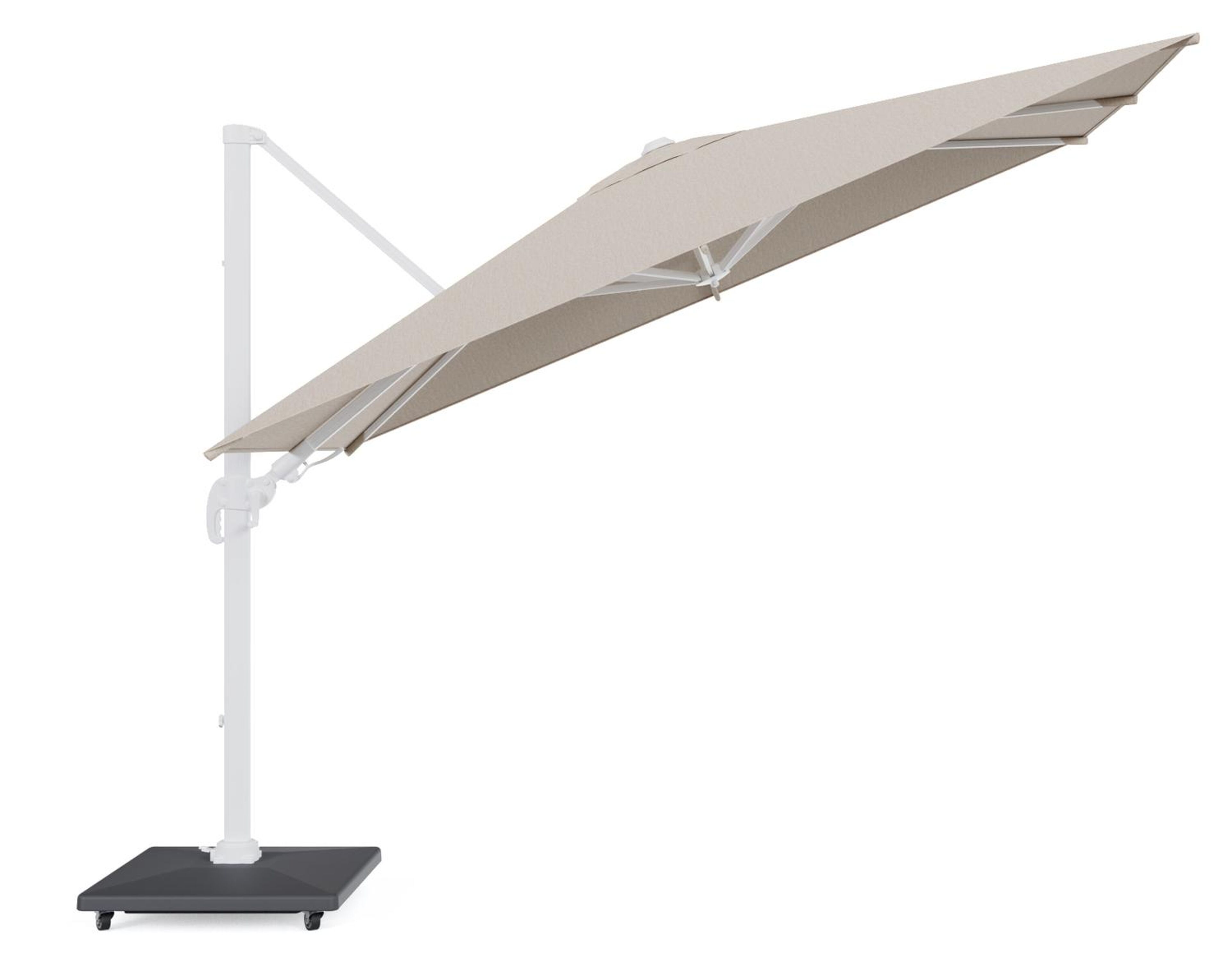 Avola zweefparasol met tiltfunctie in wit aluminium en natural Weather+ Softtouch parasoldoek - L1 200 x L2 300 cm met parasolvoet Avola 90 kg