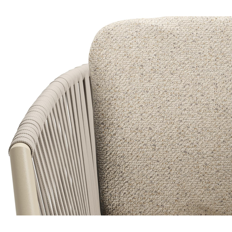 Chaise de jardin Orso en aluminium beige et corde plate tissée verticalement beige avec coussin luxe en All Weather Cosytica Bora Desert