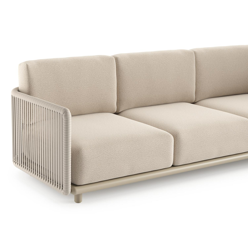 Canapé de jardin Organo en aluminium beige et corde luxe plate tissée verticalement beige et coussin en all weather Sunbrella® luxe lopi sand