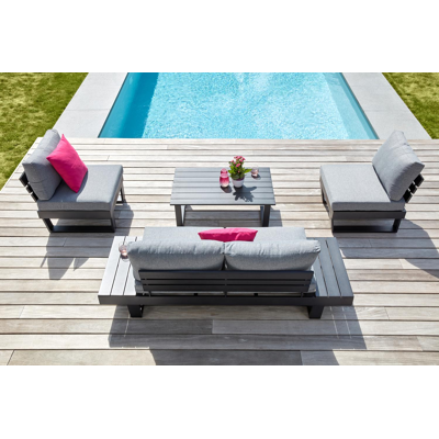 Alora loungeset in zwart aluminium met grijs polyester kussens en loungetafel