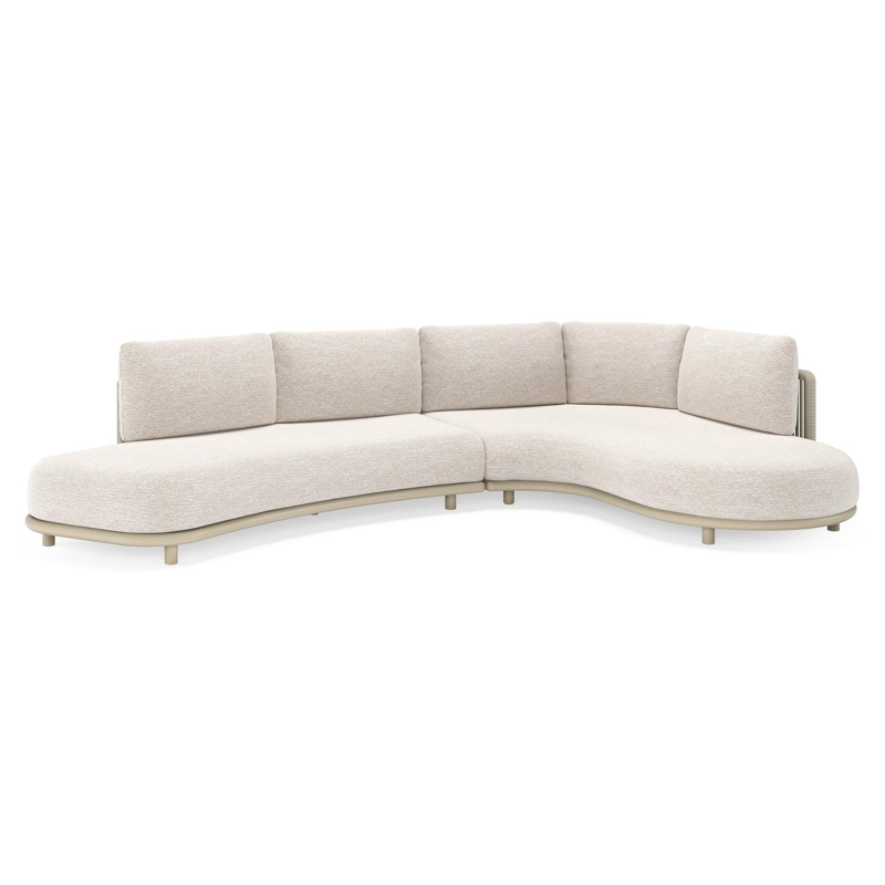 Lomano loungehoek in beige aluminium en beige verticaal geweven luxe vlakke rope met Tundra Sand all weather sunbrella® luxe