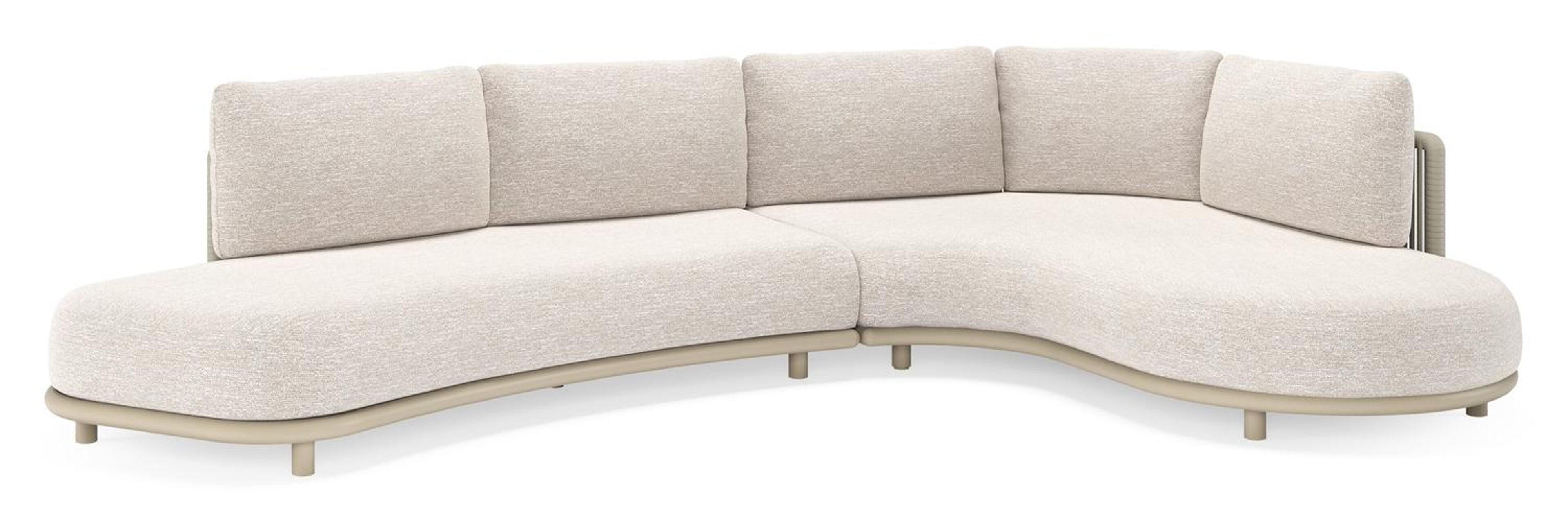 Salon de jardin d'angle Lomano en aluminium beige et corde luxe plate tissée verticalement beige et coussins en all weather sunbrella® luxe Tundra Sand