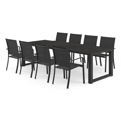 Livo tuinset in zwart aluminium en zwart volkeramiek tafelblad met 8 stapelbare Calobra tuinstoelen