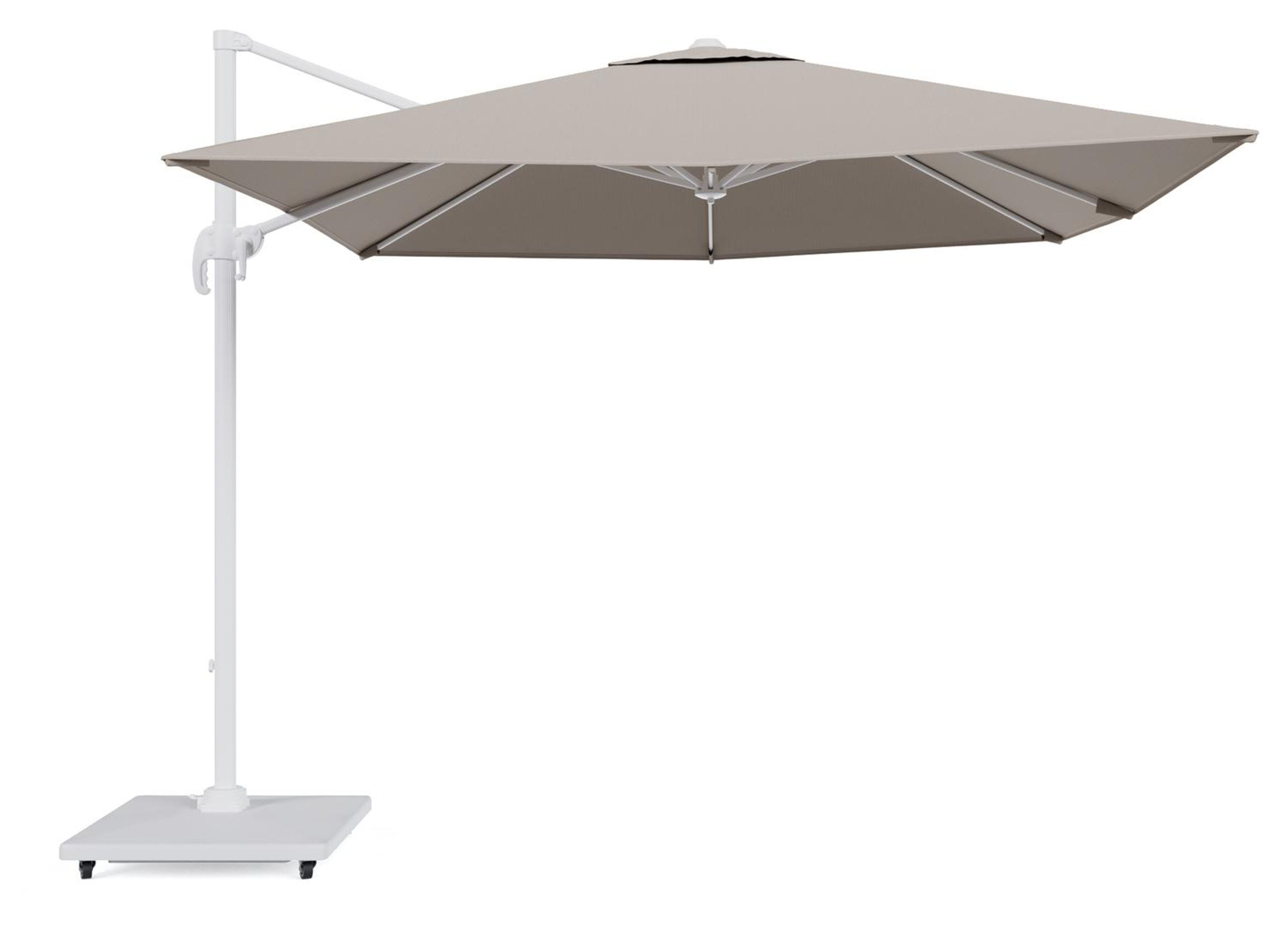 Calpe zweefparasol in wit aluminium en beige Weather+ Softtouch parasoldoek - L1 270 x L2 270 cm met Calpe parasolvoet 70 kg met wielen