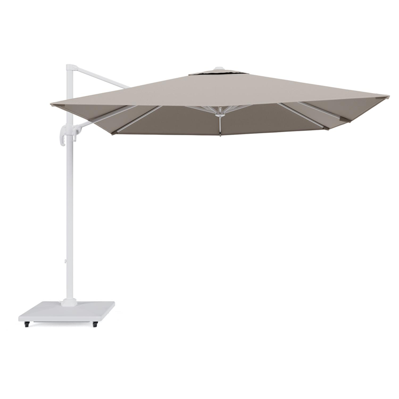 Calpe zweefparasol in wit aluminium en beige Weather+ Softtouch parasoldoek - L1 270 x L2 270 cm met Calpe parasolvoet 70 kg met wielen