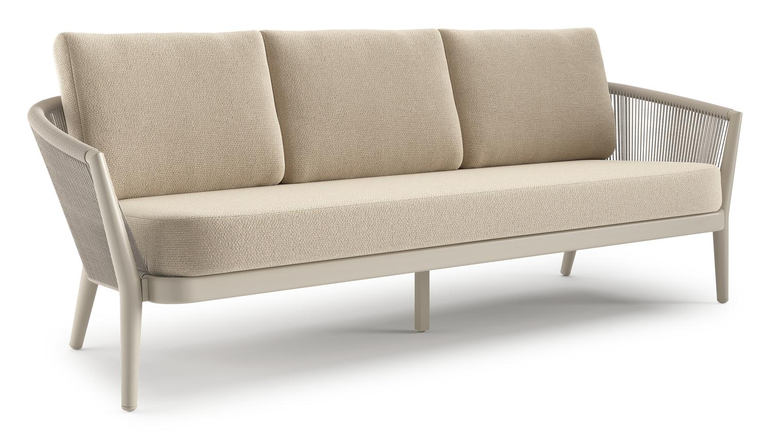 Orso loungebank in beige aluminium en beige verticaal geweven ronde rope met Althea Chalk all weather cosytica kussen