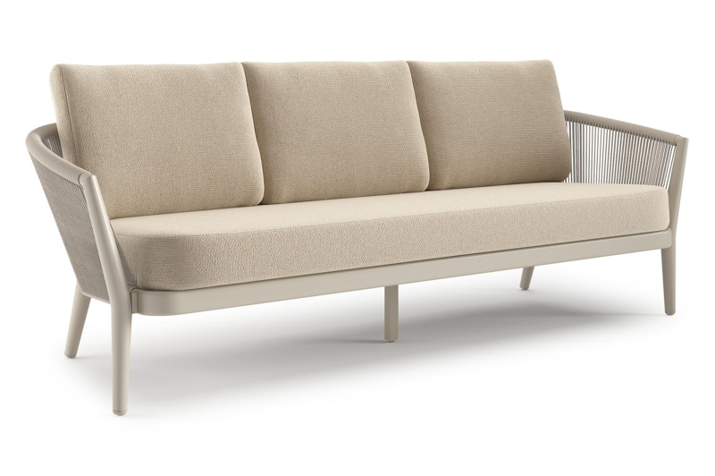 Orso loungebank in beige aluminium en beige verticaal geweven ronde rope met Althea Chalk all weather cosytica kussen