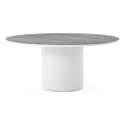 Amico low dining tuintafel rond in wit aluminium en volkeramiek Aspen Grey - Dia. 148 x H 61 cm