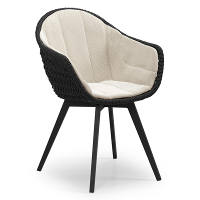 Pagino tuinstoel in zwart aluminium en zwart ronde wicker met zitkussen in All Weather Sunbrella® Luxe Lopi Marble