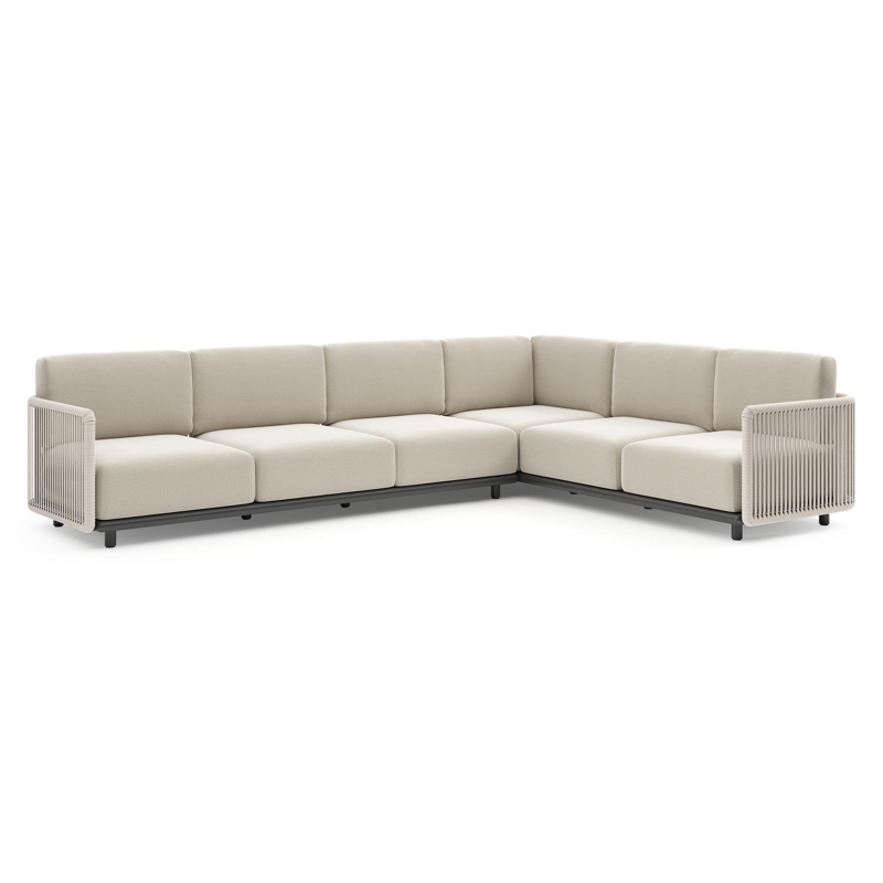 Salon de jardin d'angle Organo en aluminium noir et corde luxe plate tissée verticalement beige et coussin en all weather Sunbrella® luxe lopi marble
