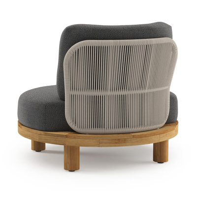 Donato loungestoel in teak en beige verticaal geweven ronde rope met all weather sunbrella® luxe Savane Tornado kussen