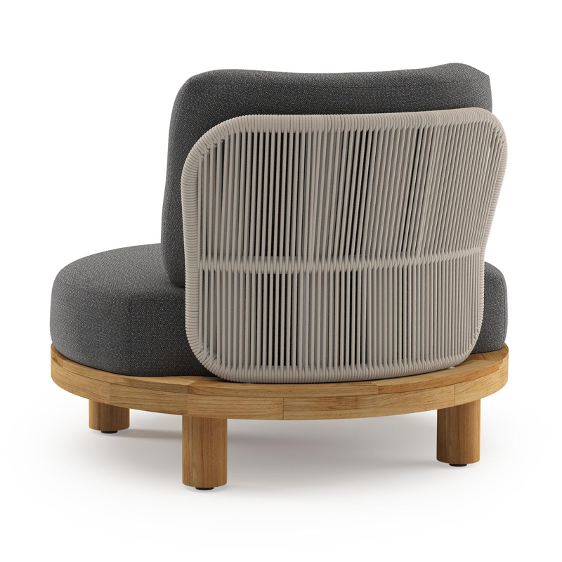 Donato loungestoel in teak en beige verticaal geweven ronde rope met all weather sunbrella® luxe Savane Tornado kussen