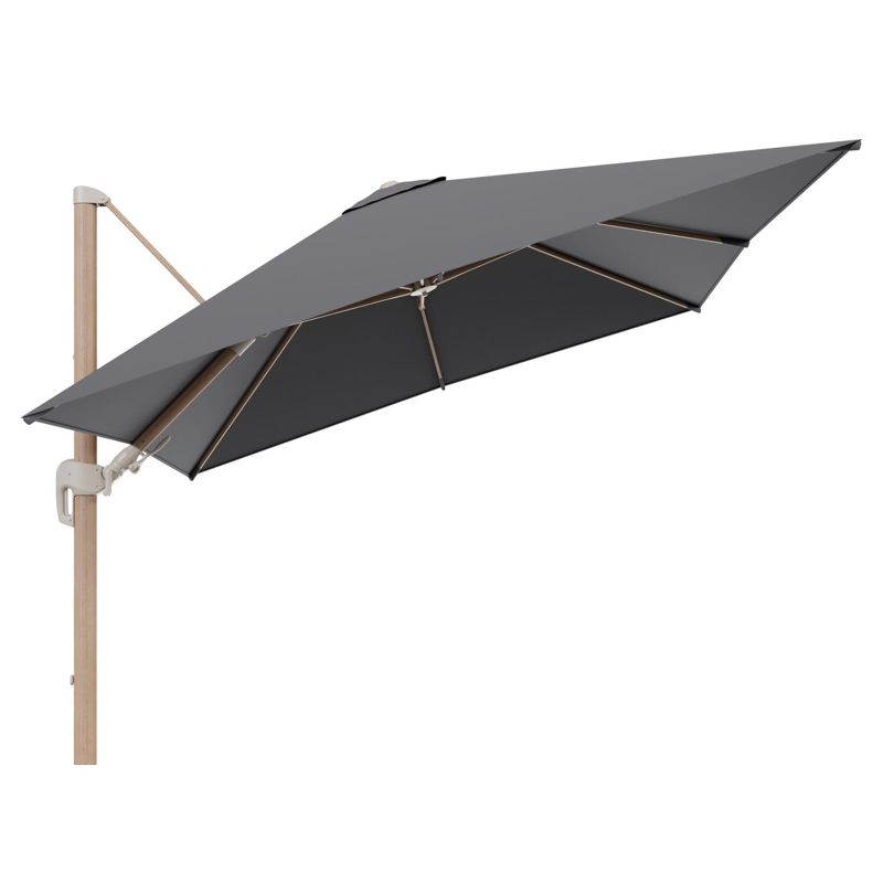 Parasol pendant Rufina avec fonction tilt en aluminium aspect de bois et toile de parasol en All Weather Sunbrella® Luxe Natte Charcoal Chine  - Lg.1 300 x Lg.2 300 cm (sans pied de parasol