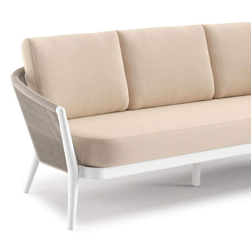 Canapé de jardin Orso en aluminium blanc en corde ronde tissée verticalement beige et coussins en all weather sunbrella® luxe Heritage Papyrus