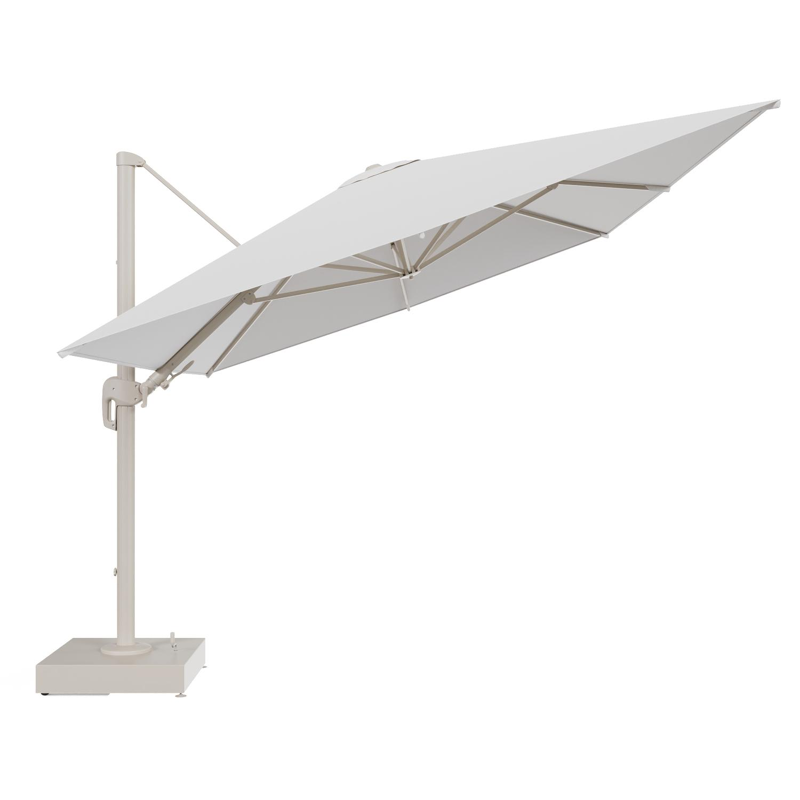 Parasol pendant Rufina avec fonction tilt en aluminium beige et toile de parasol All Weather Solica Soul Optik - Lg.1 400 x Lg.2 300 cm avec pied de parasol Minore 150 kg avec roulettes