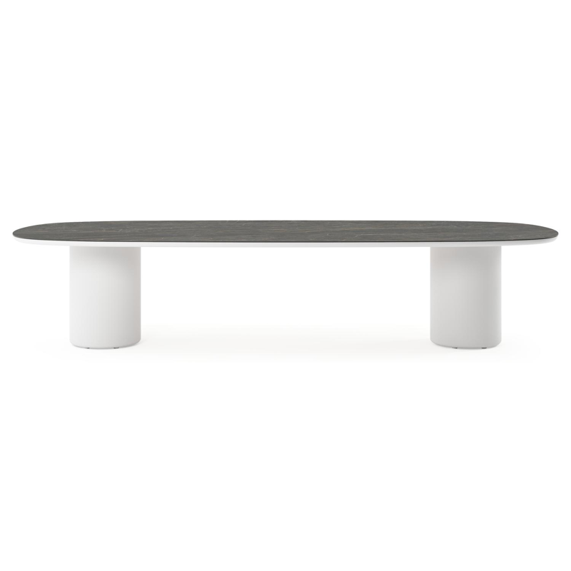 Amico low dining tuintafel bombo in wit aluminium en volkeramiek Black Obsession - L 320 x B 130 x H 61 cm