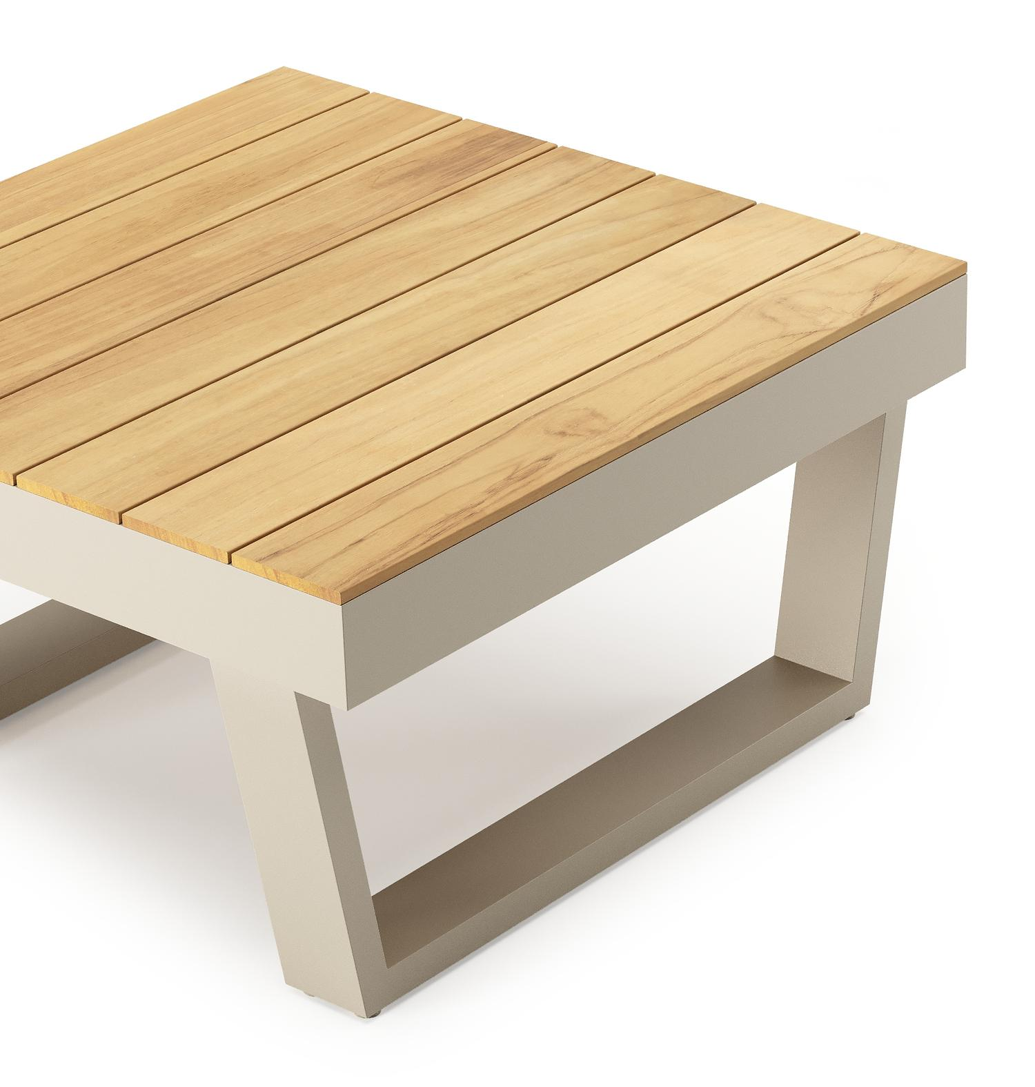 Table basse Modica en beige aluminium et teck - L g.72 x Lrg. 72 x Haut. 38 cm