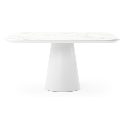 Table de jardin Donato carré arrondi en aluminium blanc et céramique pleine calacatta - Lg. 148 x Lrg. 148 x Haut. 75 cm