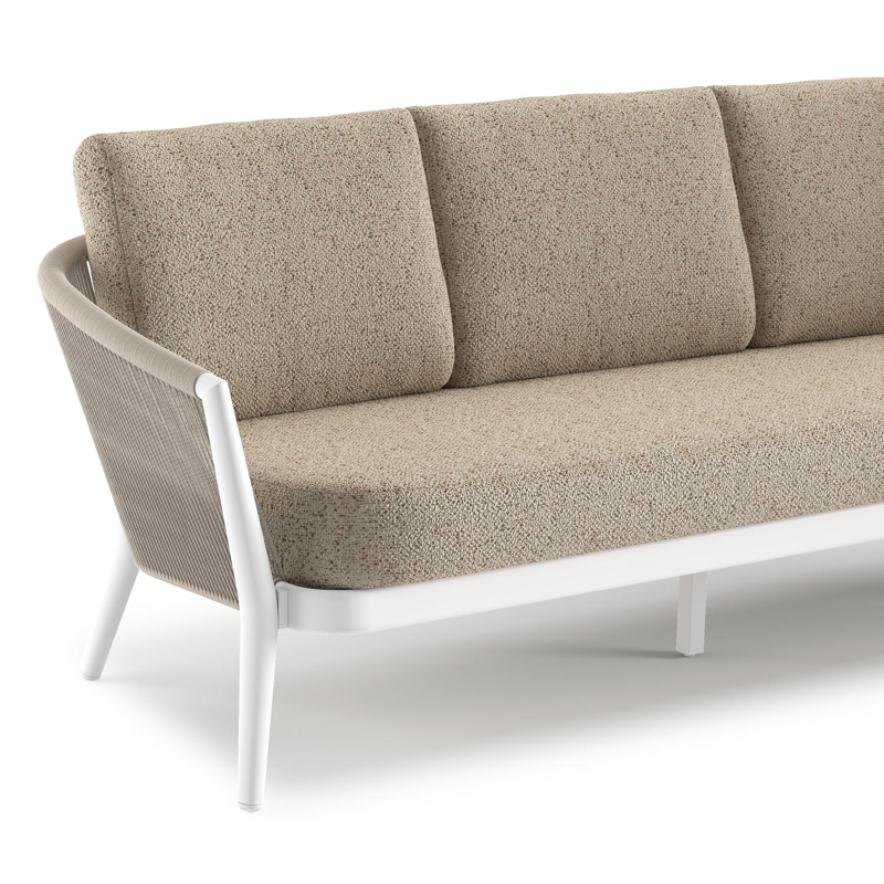 Canapé de jardin Orso en aluminium blanc en corde ronde tissée verticalement beige et coussins en all weather cosytica Bora Jungle