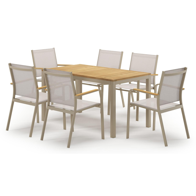 Ensemble de jardin Feltro en aluminium beige et sintered stone natural finish avec 6 chaises de jardin empilable Amalfi