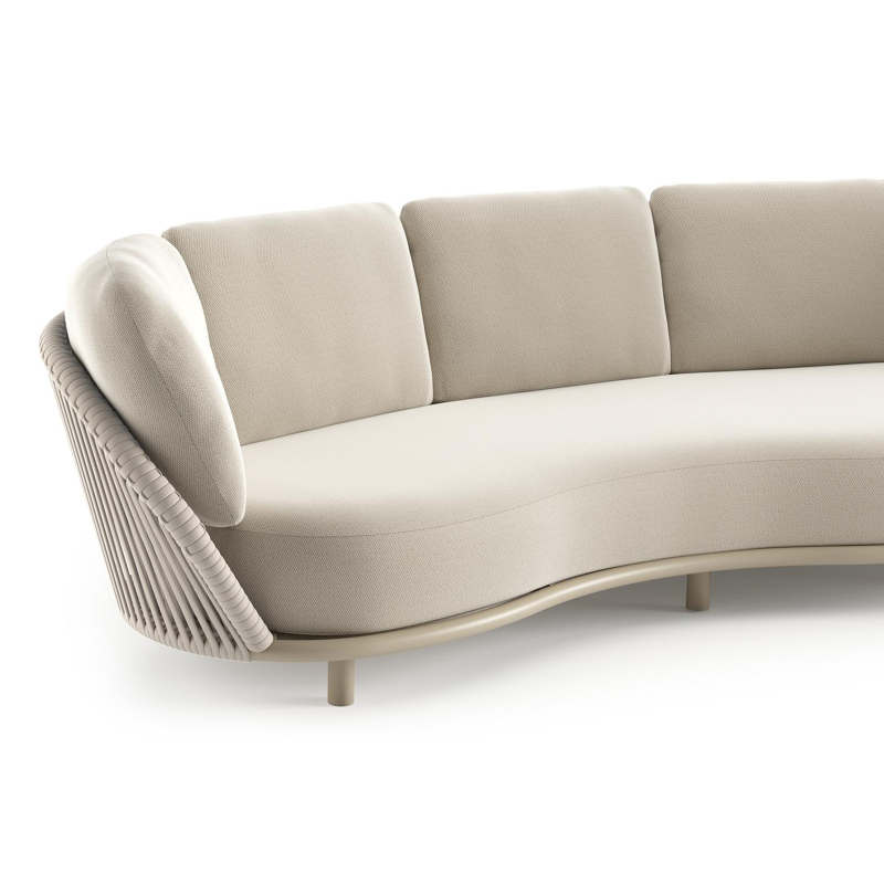 Lupino loungeset in beige aluminium en beige verticaal geweven luxe vlakke brede rope met lopi marble all weather sunbrella® luxe kussen
