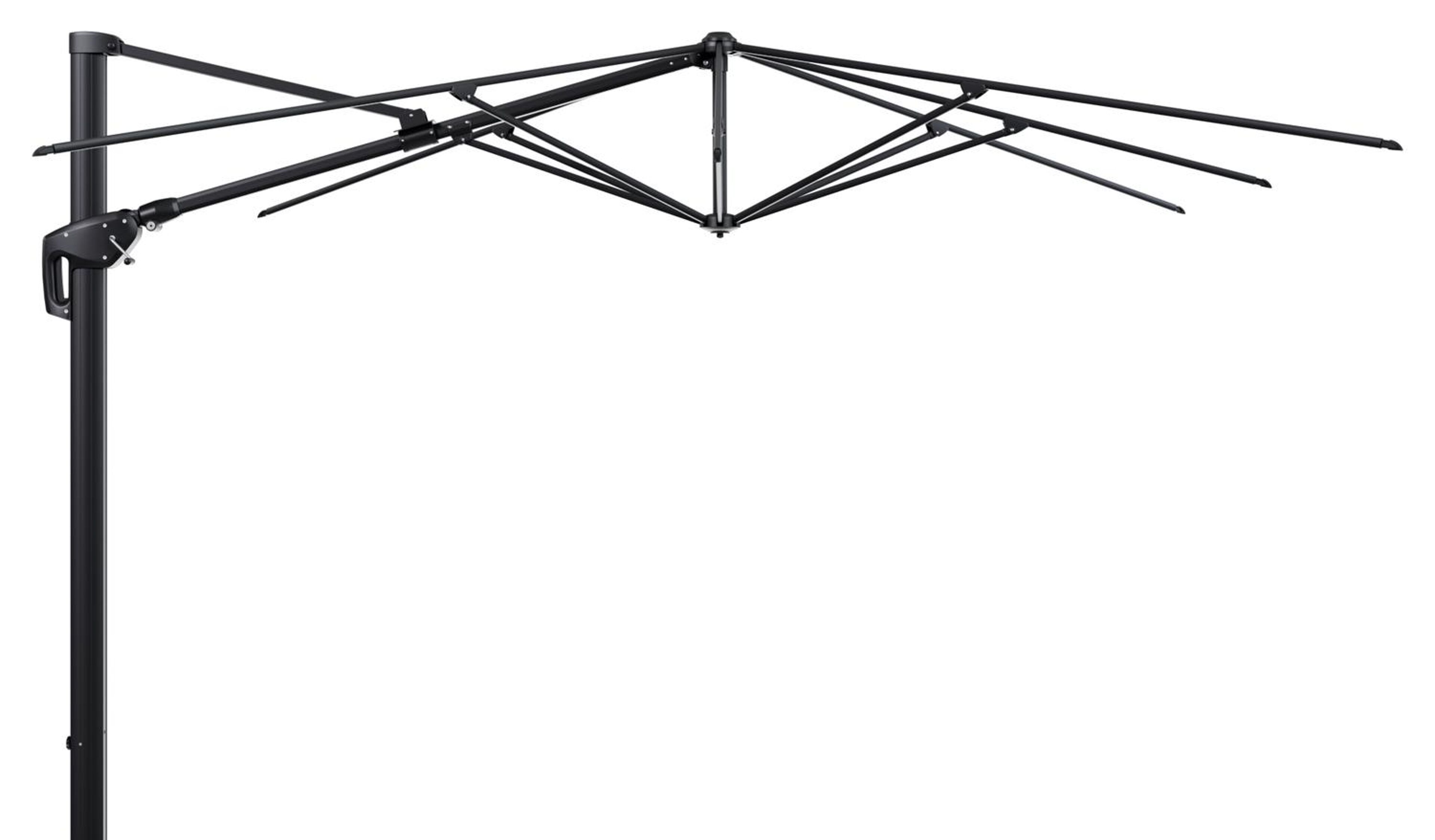 Minore zweefparasol tiltfunctie in zwart aluminium en parasoldoek in All Weather Sunbrella® Luxe Chartres Pewter  - L1 280 x L2: 370 cm (zonder voet)