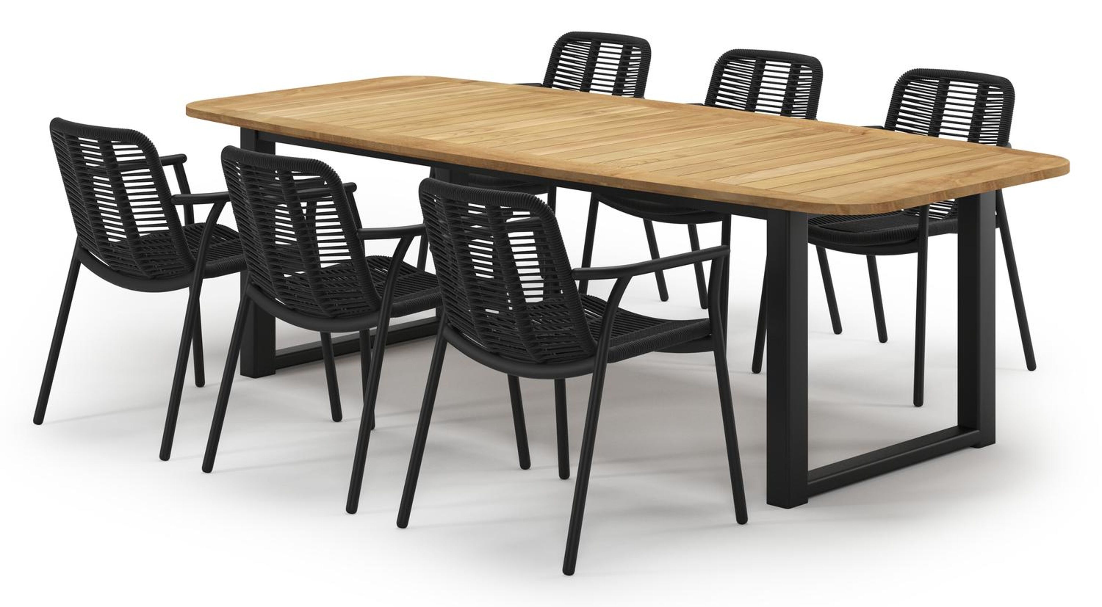 Livo tuinset bootvorm in zwart aluminium en teak met 6 Berga tuinstoelen