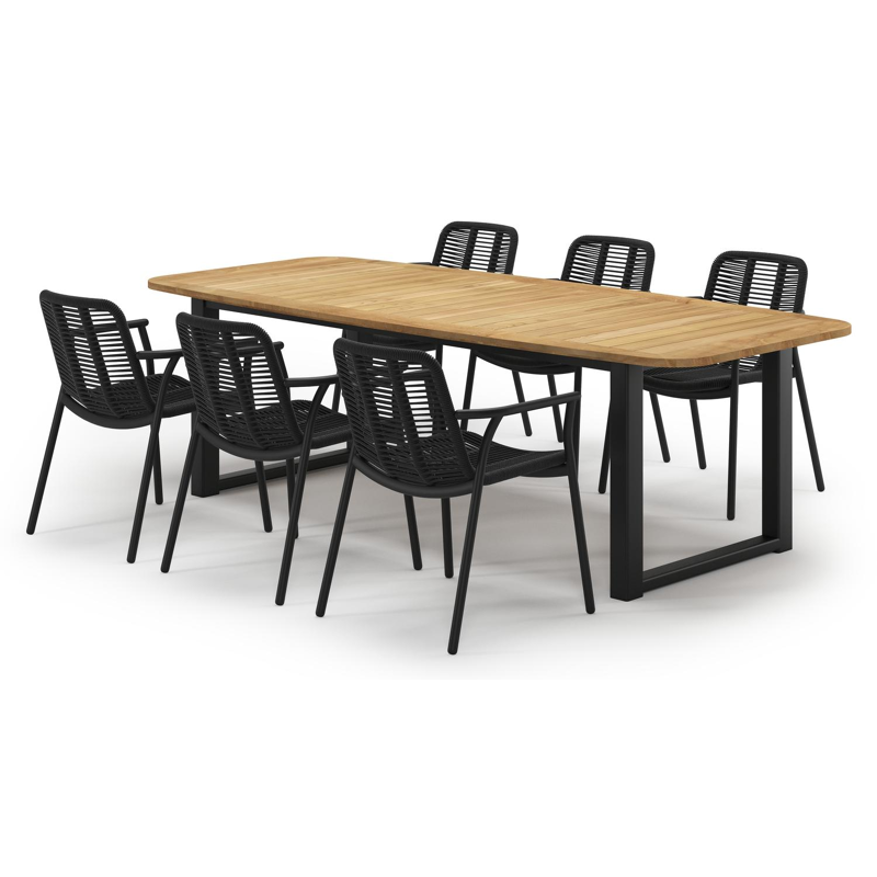 Livo tuinset bootvorm in zwart aluminium en teak met 6 Berga tuinstoelen