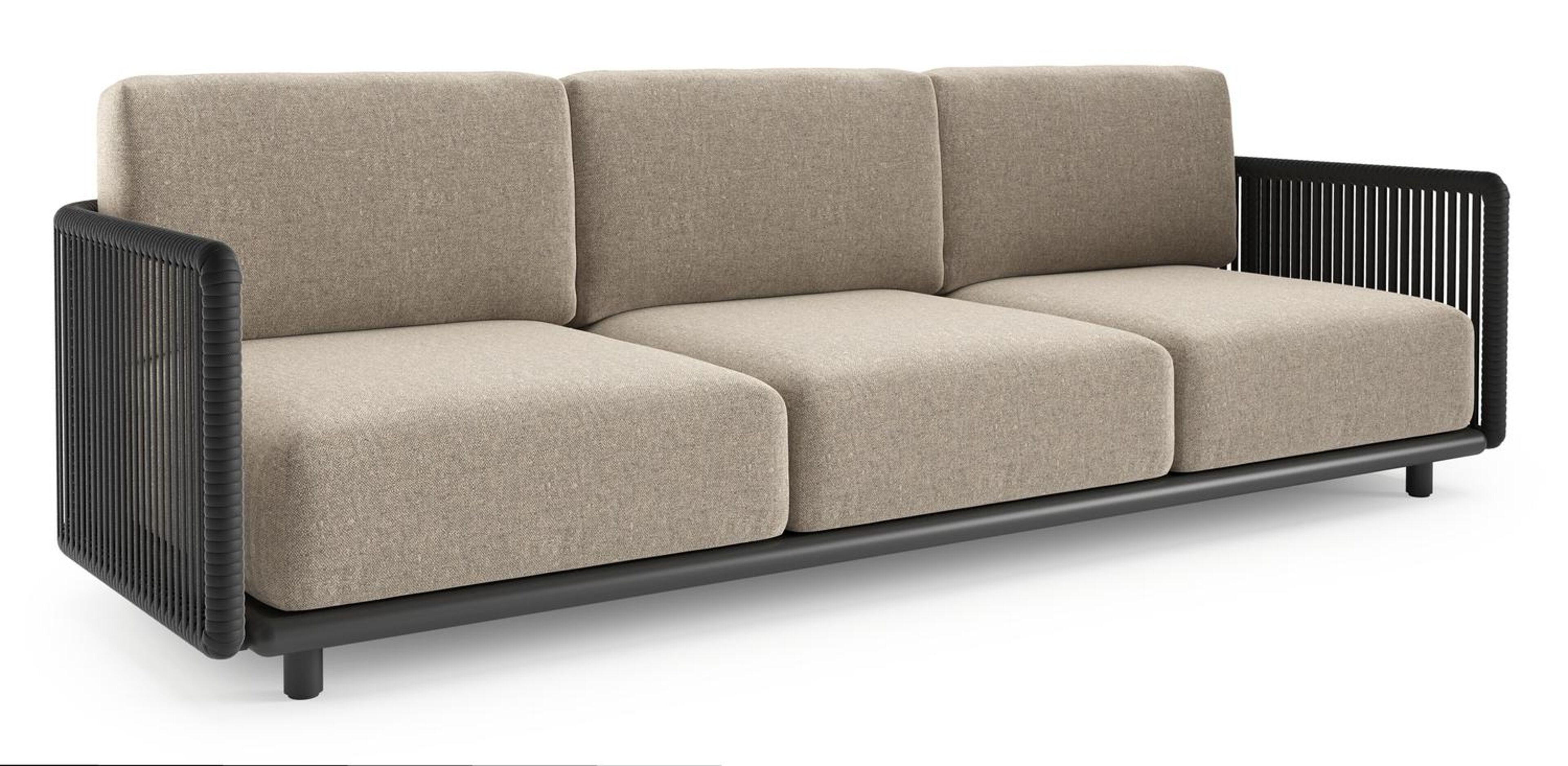 Organo loungebank in zwart aluminium en zwart verticaal geweven luxe vlakke rope met chartres pewter all weather Sunbrella® luxe kussen