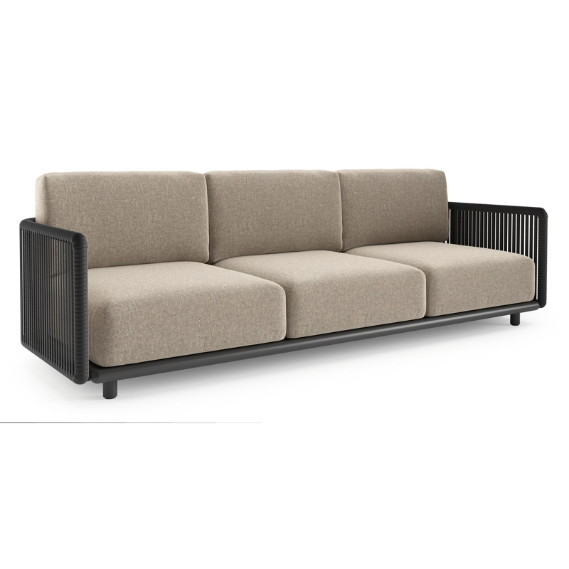 Canapé de jardin Organo en aluminium noir et corde luxe plate tissée verticalement noir et coussin en all weather Sunbrella® luxe chartres pewter