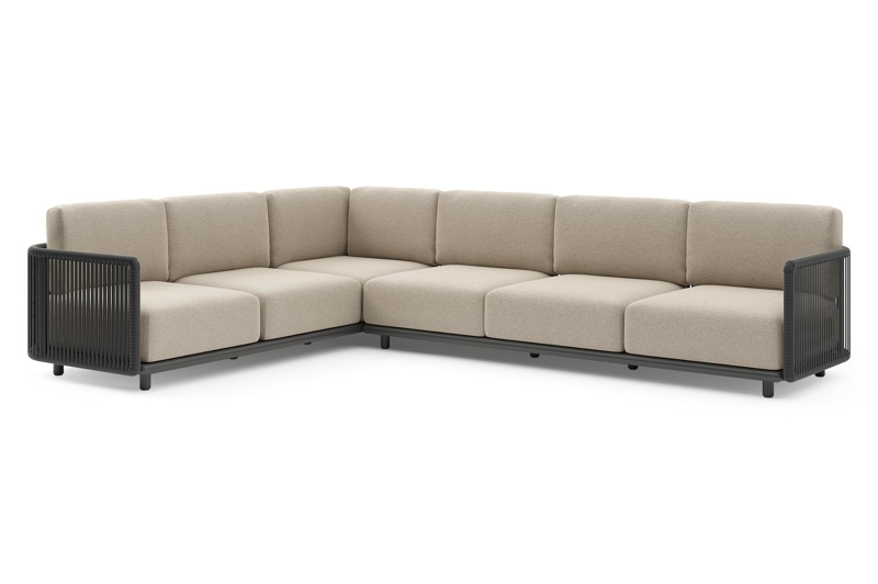 Organo loungehoek in zwart aluminium en zwart verticaal geweven luxe vlakke rope met marbella beige All Weather Cosytica kussens