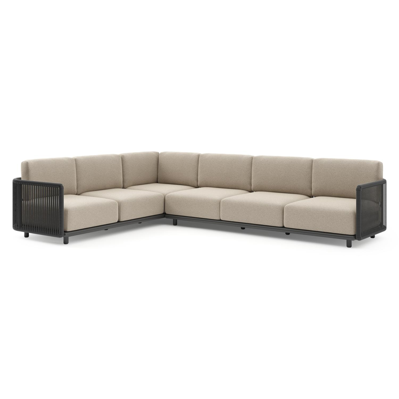 Organo loungehoek in zwart aluminium en zwart verticaal geweven luxe vlakke rope met marbella beige All Weather Cosytica kussens