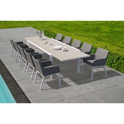 Aspra tuinset met verlengbare tafel in wit aluminium en grijs volkeramiek op glas tafelblad met 10 Rivo tuinstoelen