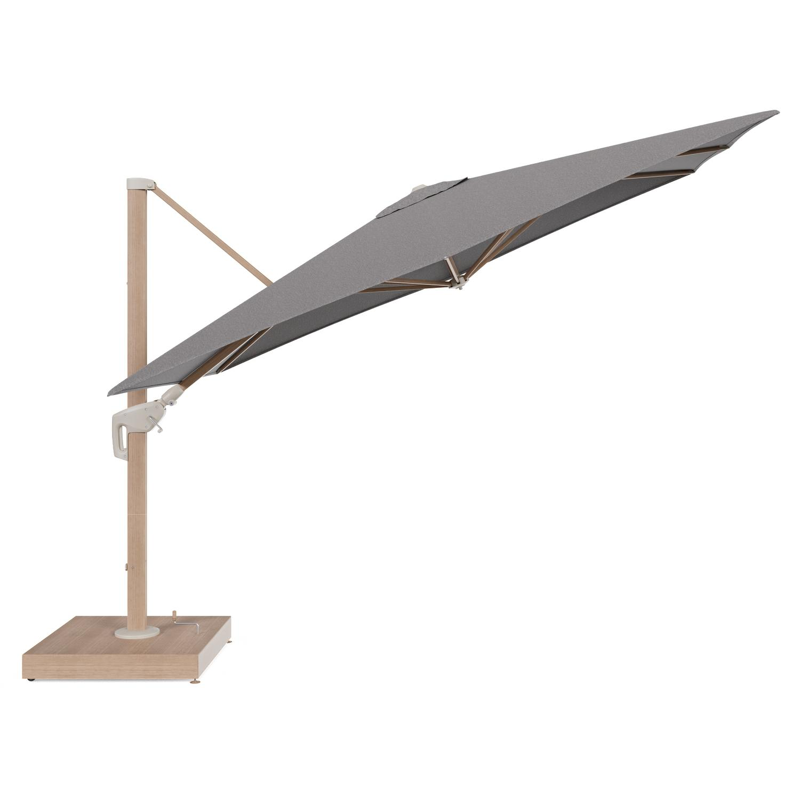 Minore zweefparasol met tiltfunctie in houtlook aluminium en Chartres Drizzle All Weather Sunbrella® Luxe parasoldoek - L1: 280 x L2: 370 cm met parasolvoet Minore 260 kg met wielen