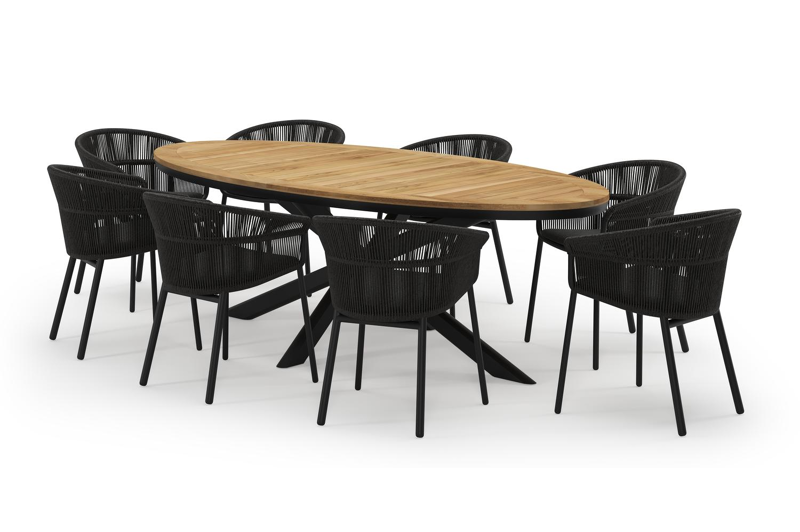 Pamplona ovale tuinset in zwart aluminium en teak natural finish met 8 Matera tuinstoelen
