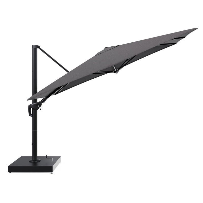 Minore zweefparasol met tiltfunctie in zwart aluminium en Firenze Tunder All Weather Solica parasoldoek - L1 280 x L2: 370 cm met parasolvoet Minore 260 kg met wielen