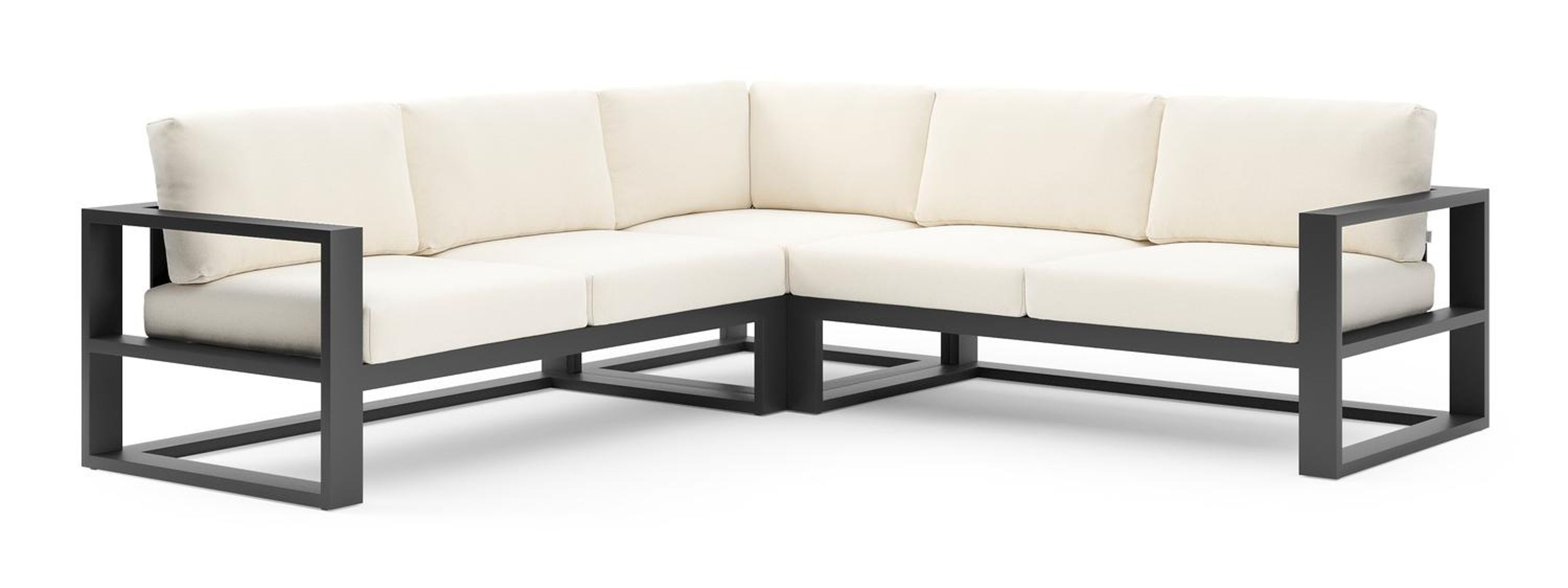 Verato loungehoek in zwart aluminium met natte white all weather sunbrella® luxe kussen