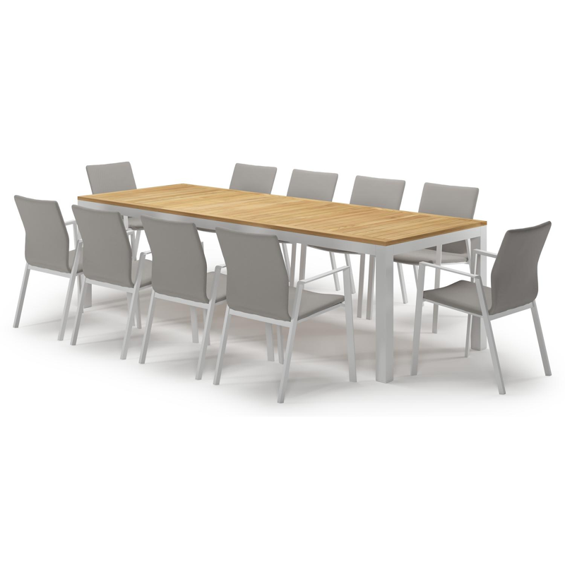 Varese tuinset in wit aluminium en naturel teak tafelblad met 10 stapelbare Madura tuinstoelen