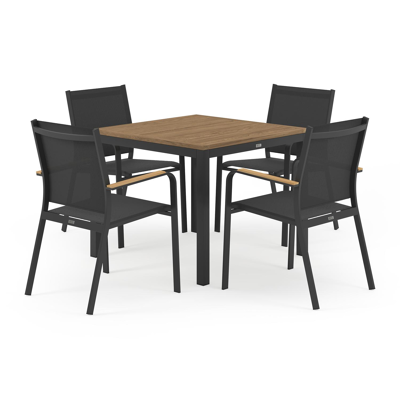 Feltro tuinset in zwart aluminium en naturel teak tafelblad met 4 stapelbare Amalfi tuinstoelen