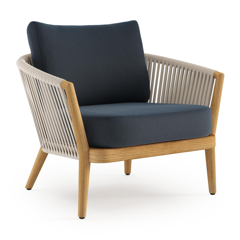 Orso loungestoel in teak en beige verticaal geweven luxe vlakke rope met Heritage Indigo all weather sunbrella® luxe kussen